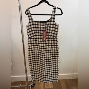 MaxMara Black and Cream Check Tweed Midi Dress